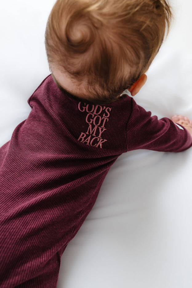 God's Got My Back Fig PJ Footed Onesie Ribbed Cotton-Bamboo Blend