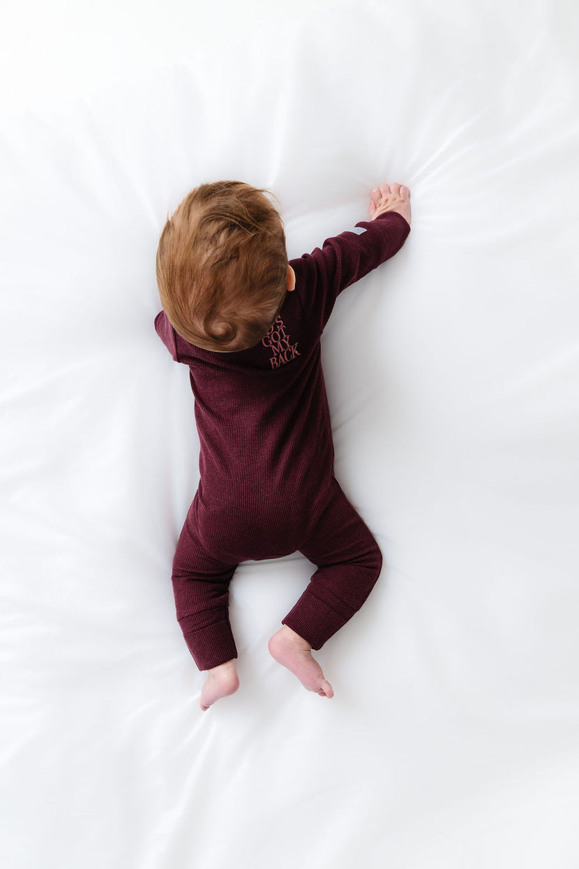 God's Got My Back Fig PJ Footless Onesie Ribbed Cotton-Bamboo Blend