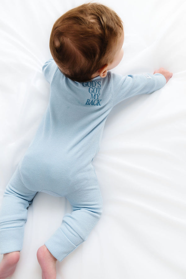 Gods Got My Back Blue PJ Footless Onesie Ribbed Cotton-Bamboo Blend