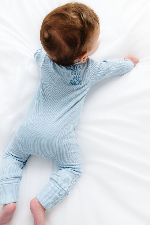 God's Got My Back Blue PJ Footless Onesie Ribbed Cotton-Bamboo Blend